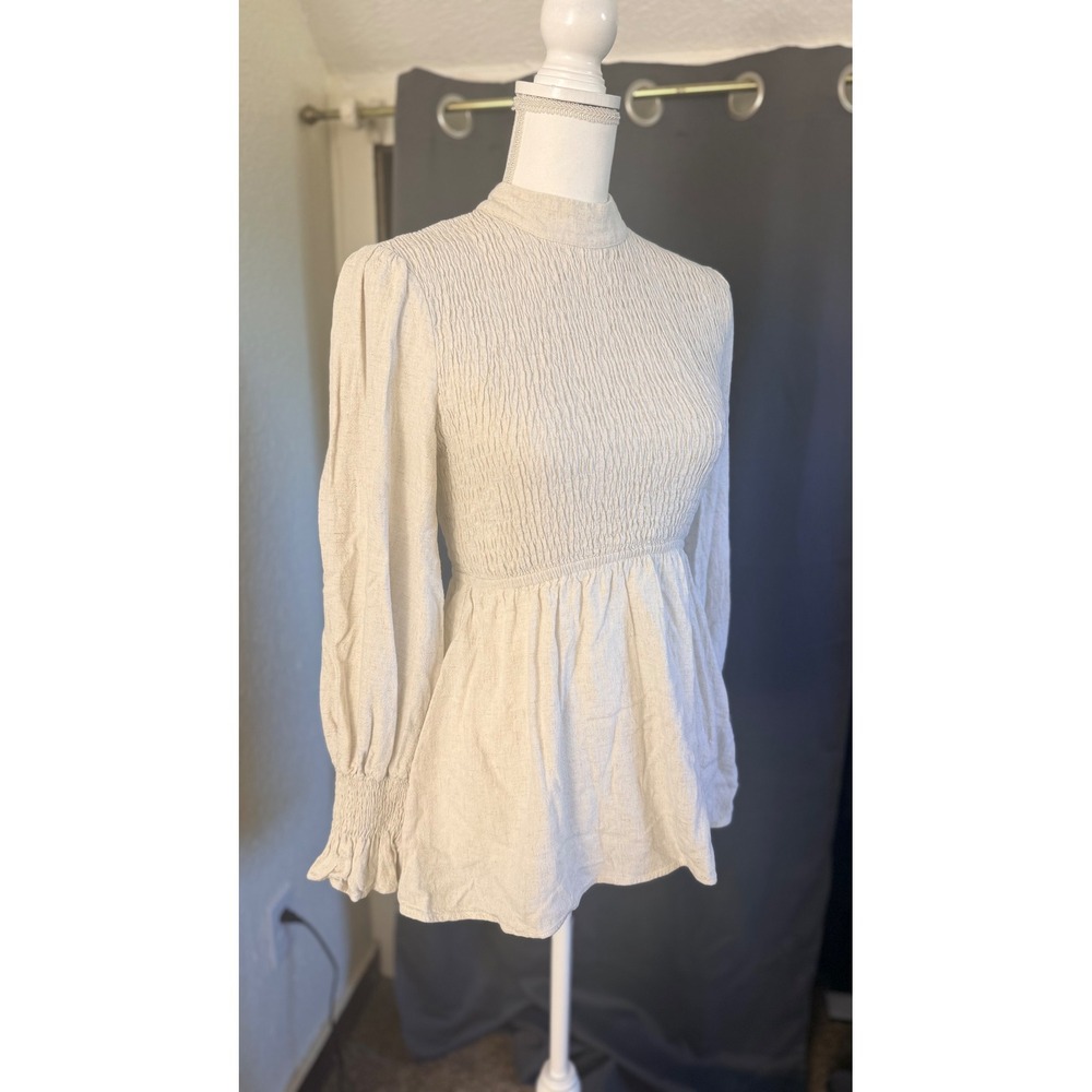 Zahraa Los Angeles Smocked High Neck Peplum Top Oatmeal Flax Blend Womens Small
